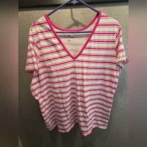 Woman Within Pink and White V-Neck Tee